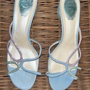 Rene Caovilla Blue, Pink & Green. Strappy crystal Sandals with barrel heel.